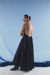 Nexus Embroidered Leaves Maxi Dress in Black Linen