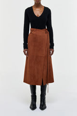 Idalia Wrap Midi Skirt in Cognac Suede