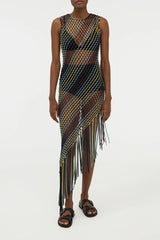 Nabia L Fringe Macrame Maxi Dress in Black Multi Silk
