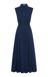 Durand Pleated Maxi Shirtdress in Electric Navy Aloe Linen