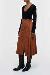 Idalia Wrap Midi Skirt in Cognac Suede