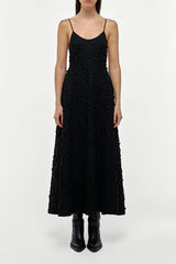 Nexus Embroidered Leaves Maxi Dress in Black Linen