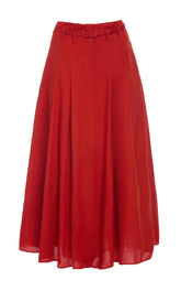 Dugald Pleated Midi Skirt in Antelope Orange Aloe Linen
