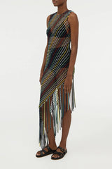Nabia L Fringe Macrame Maxi Dress in Black Multi Silk