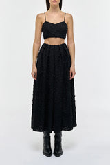 Zelia Embroidered Leaves Maxi Skirt in Black Linen
