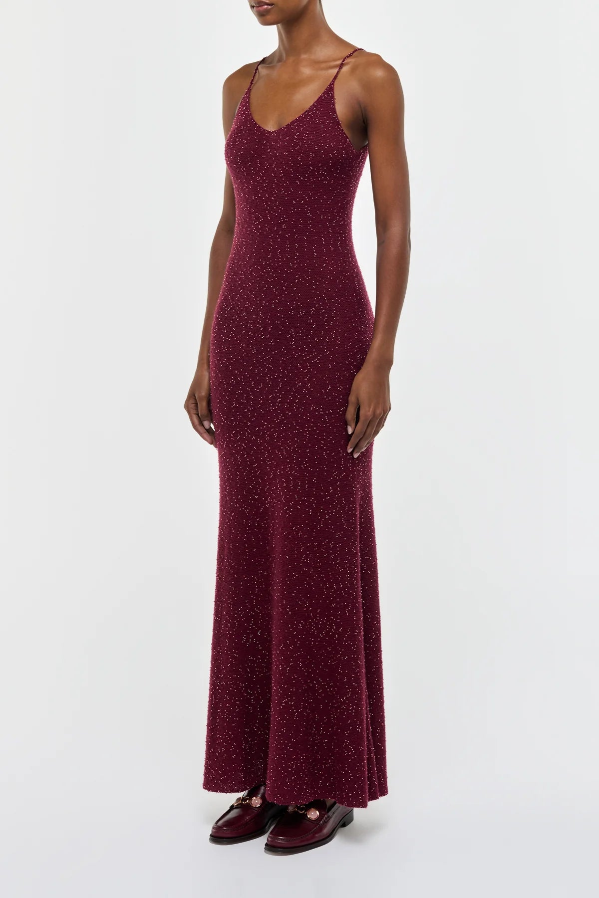 Florian Knit Maxi Slip Dress in Bordeaux Beaded Cashmere Silk