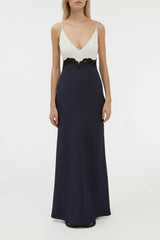 Amaryllis Lace Maxi Dress in Dark Navy Silk Wool Cady