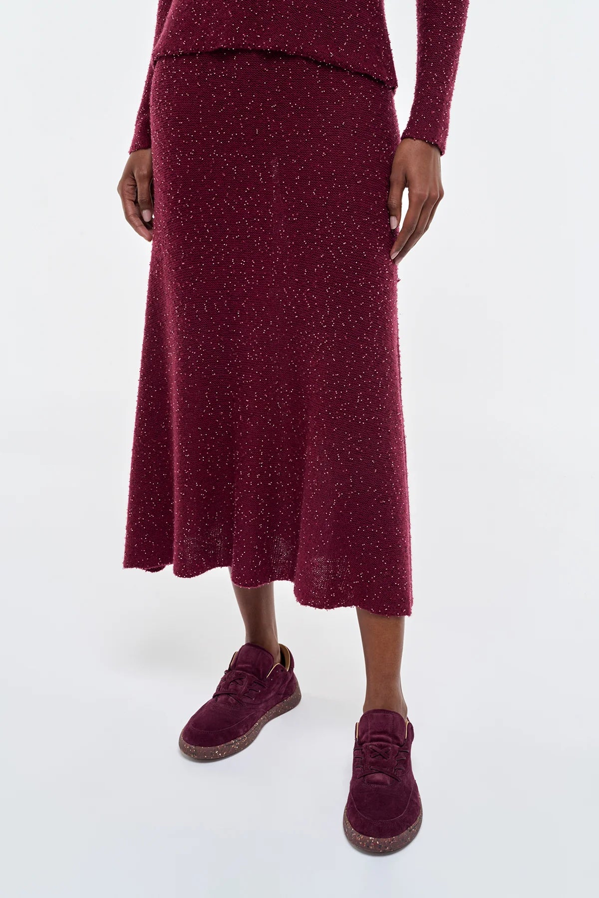 Sabine Knit Midi Skirt in Bordeaux Beaded Cashmere Silk