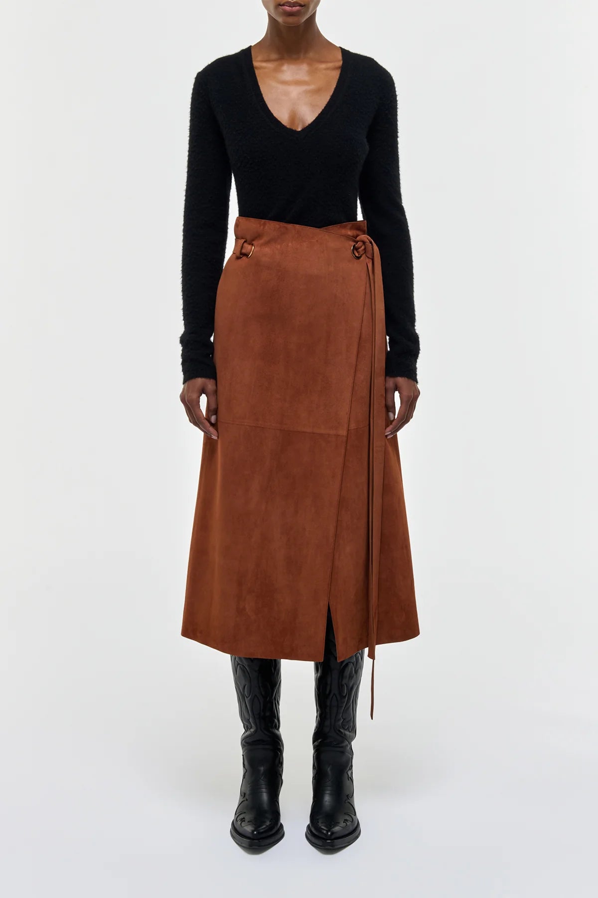 Idalia Wrap Midi Skirt in Cognac Suede