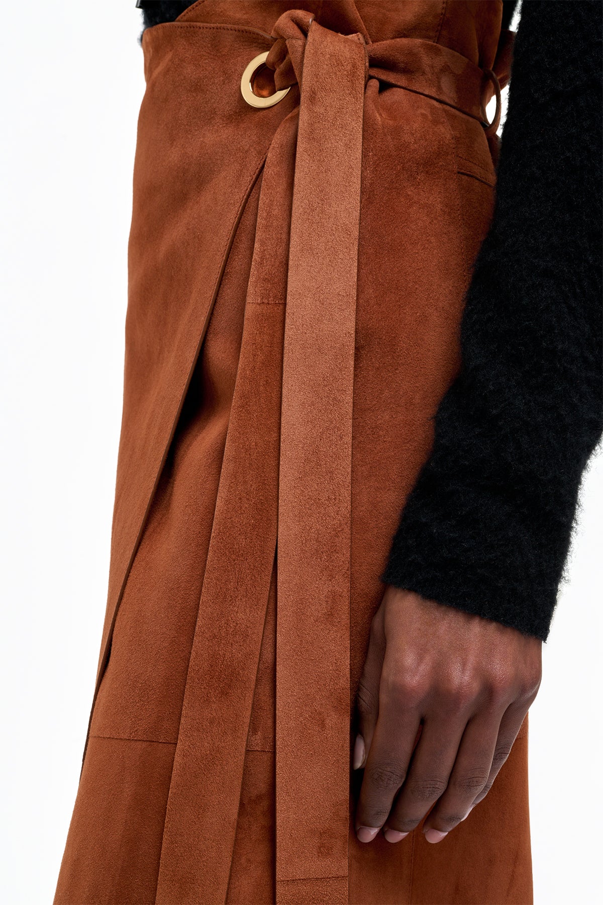 Idalia Wrap Midi Skirt in Cognac Suede