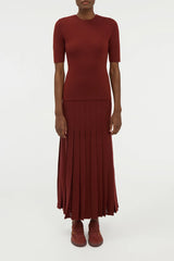 Debutante Knit Pleated Maxi Skirt in Burnt Sienna Merino Wool