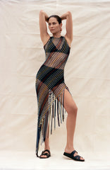 Nabia L Fringe Macrame Maxi Dress in Black Multi Silk