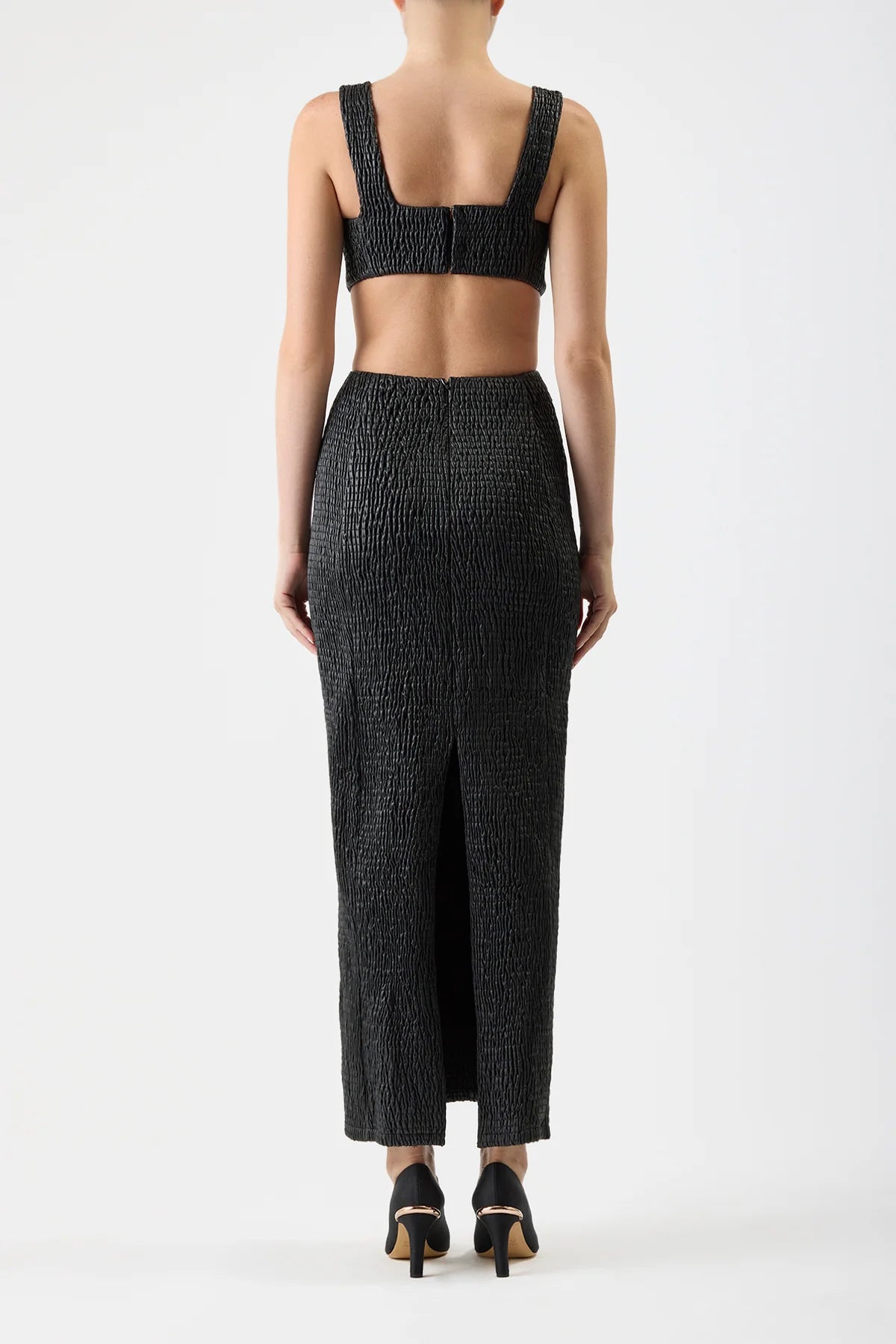 Gal Shirred Maxi Dress with Lining in Black Nappa Leather