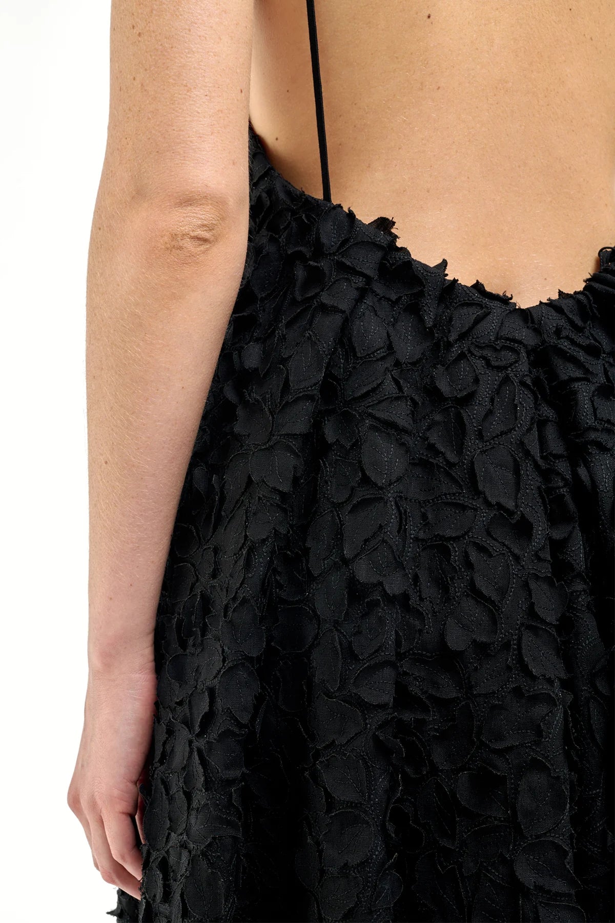 Nexus Embroidered Leaves Maxi Dress in Black Linen