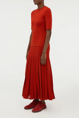 Debutante Knit Pleated Maxi Skirt in Antelope Orange Merino Wool