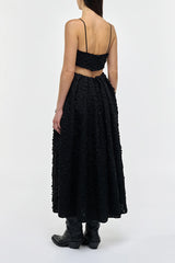 Zelia Embroidered Leaves Maxi Skirt in Black Linen