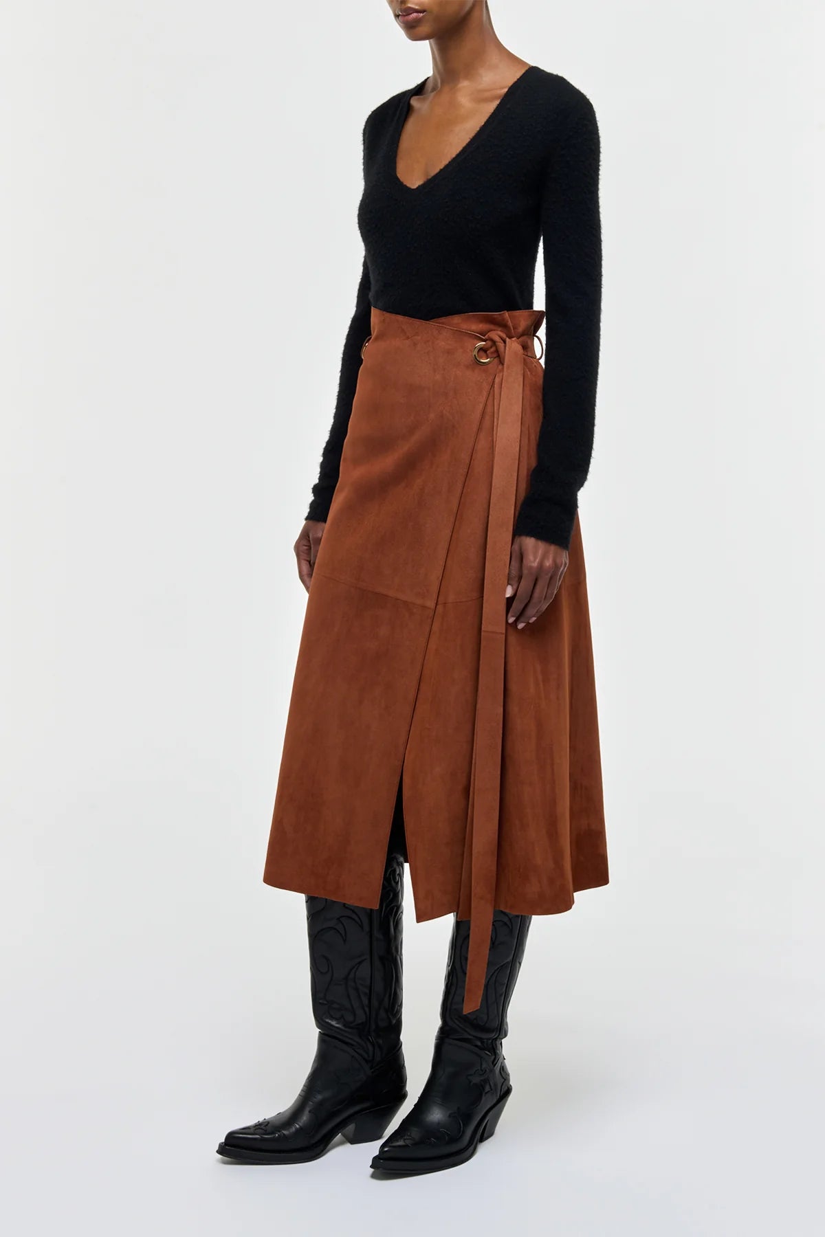 Idalia Wrap Midi Skirt in Cognac Suede