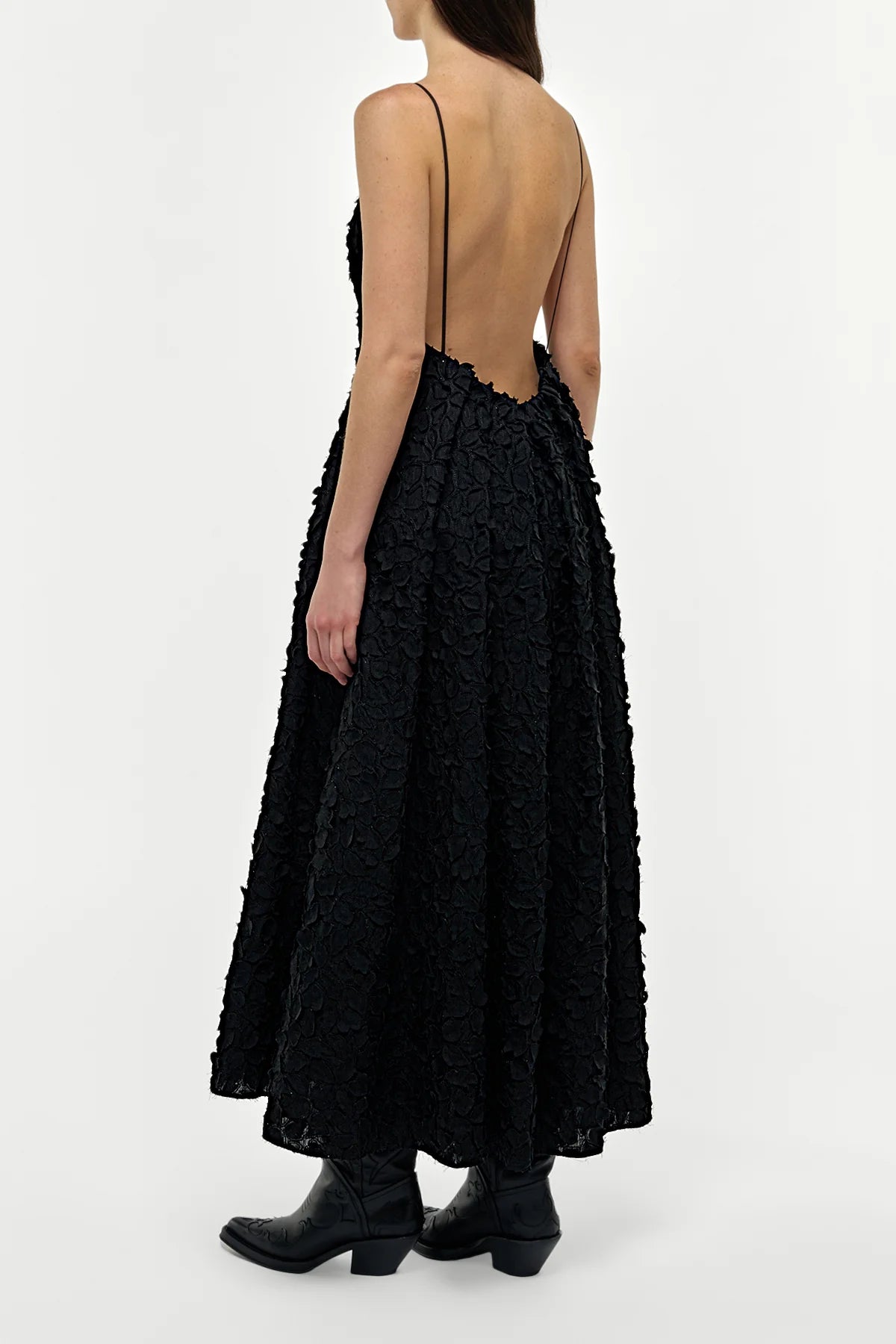 Nexus Embroidered Leaves Maxi Dress in Black Linen