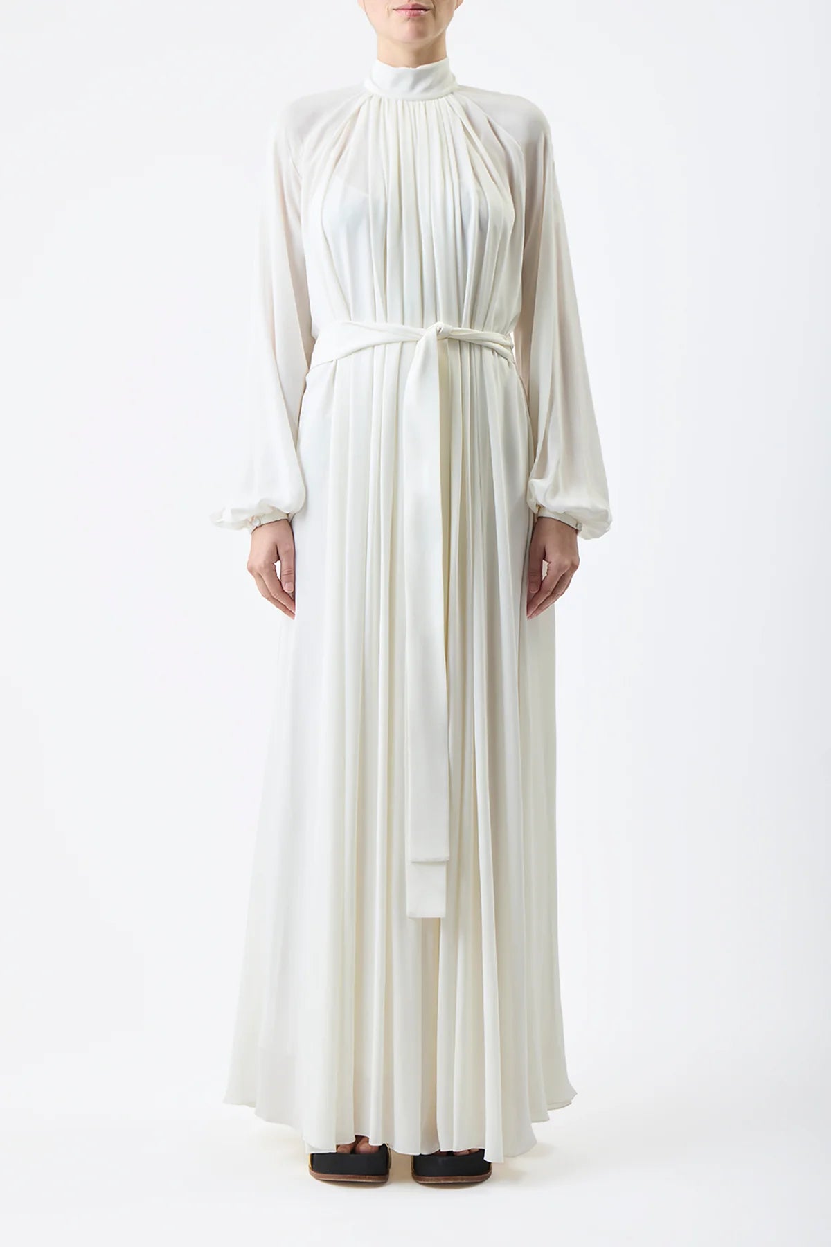 Cedric Pleated Maxi Dress in Ivory Silk Georgette Twill