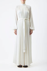 Cedric Pleated Maxi Dress in Ivory Silk Georgette Twill