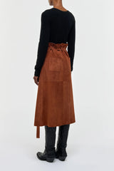 Idalia Wrap Midi Skirt in Cognac Suede