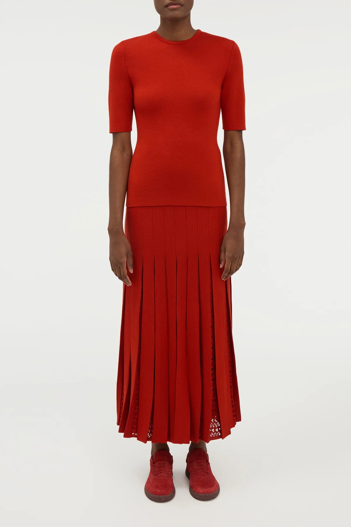 Debutante Knit Pleated Maxi Skirt in Antelope Orange Merino Wool