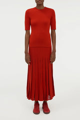Debutante Knit Pleated Maxi Skirt in Antelope Orange Merino Wool