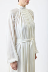 Cedric Pleated Maxi Dress in Ivory Silk Georgette Twill