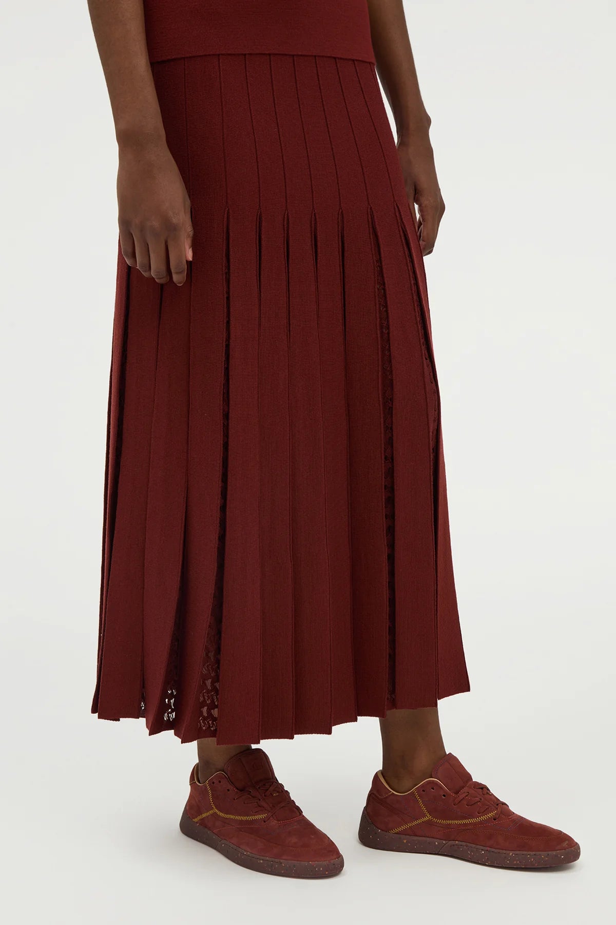 Debutante Knit Pleated Maxi Skirt in Burnt Sienna Merino Wool