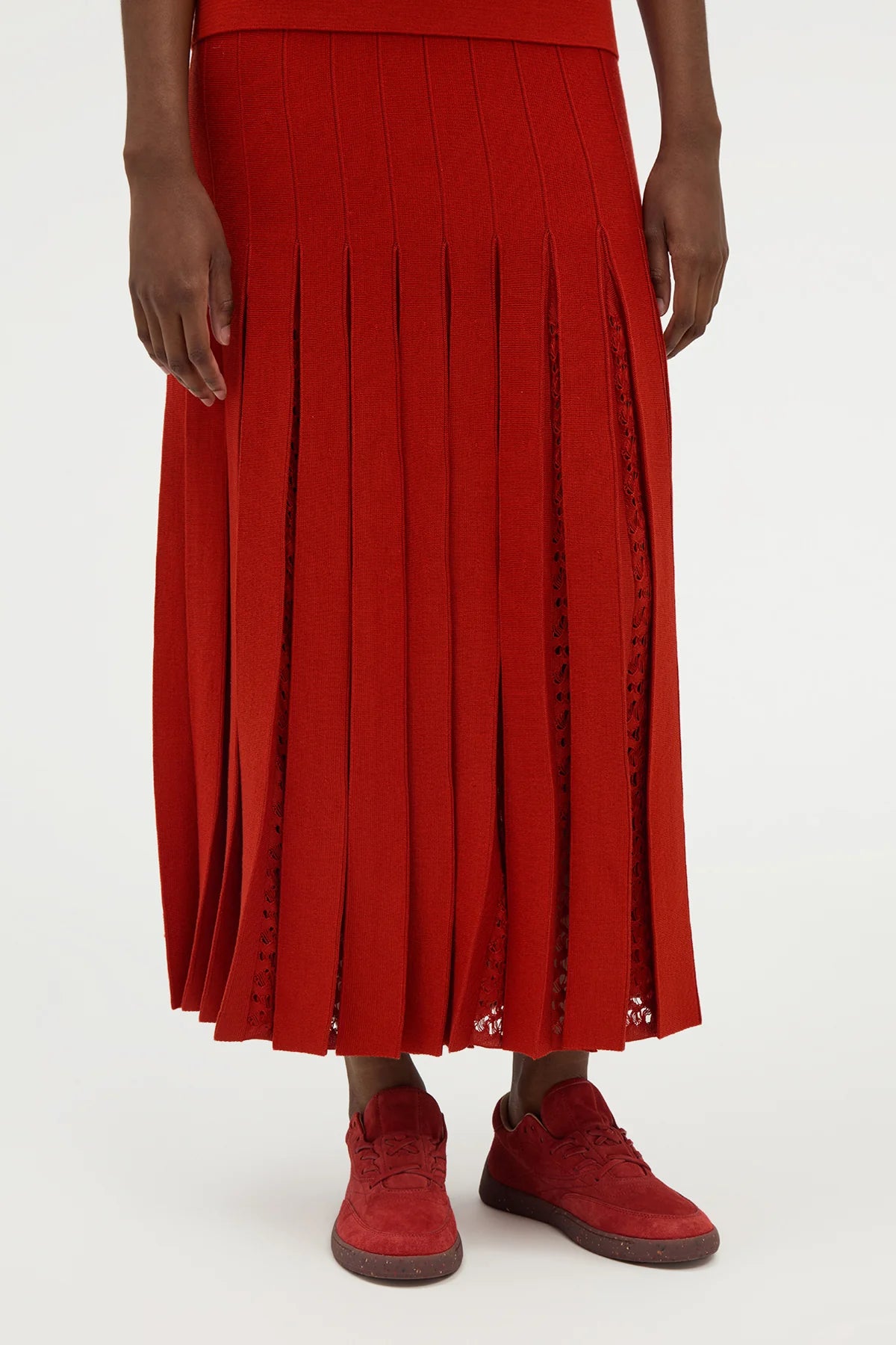 Debutante Knit Pleated Maxi Skirt in Antelope Orange Merino Wool