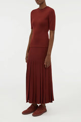 Debutante Knit Pleated Maxi Skirt in Burnt Sienna Merino Wool