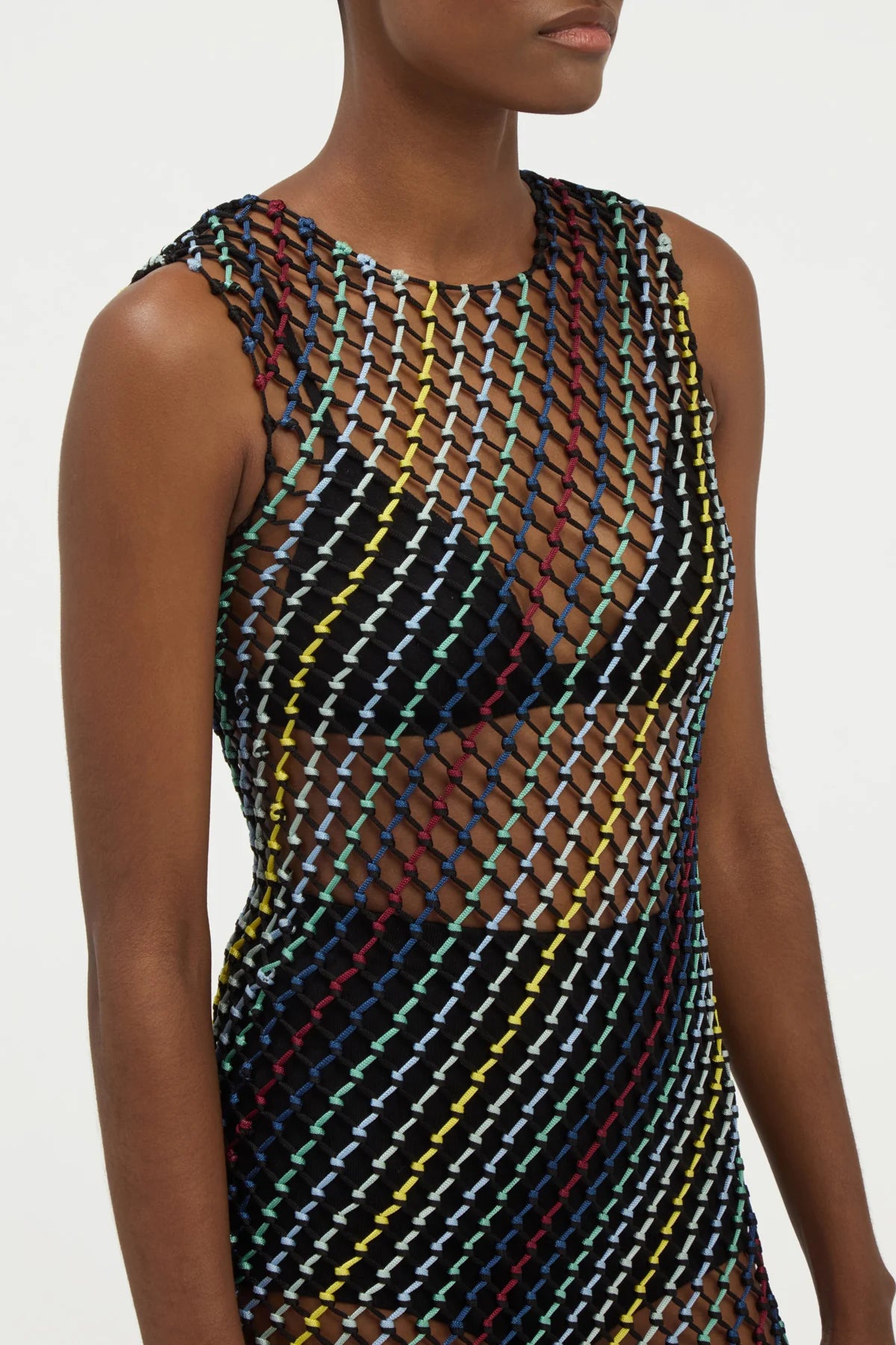 Nabia L Fringe Macrame Maxi Dress in Black Multi Silk