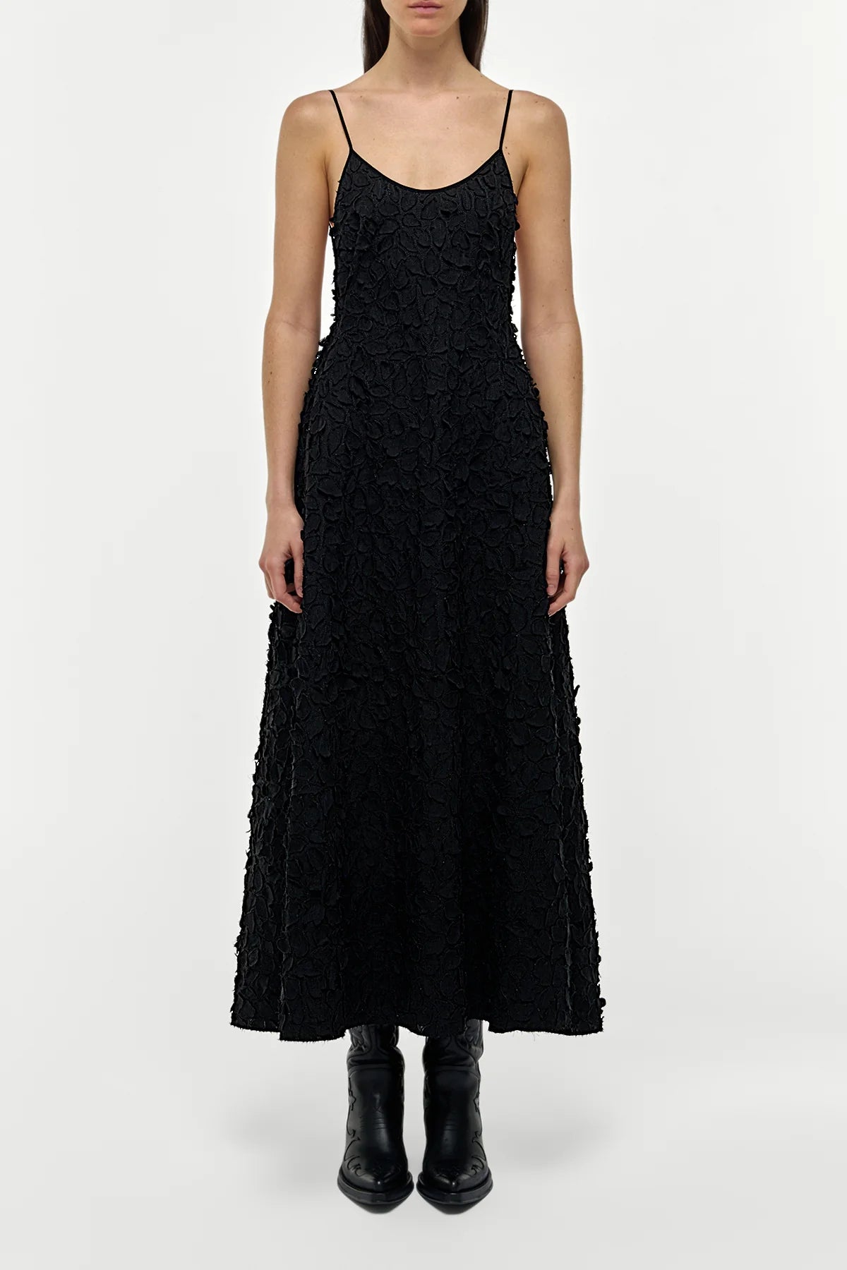 Nexus Embroidered Leaves Maxi Dress in Black Linen