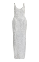 Girard Shirred Maxi Dress with Lining in Silver Metallic Nappa Leather
