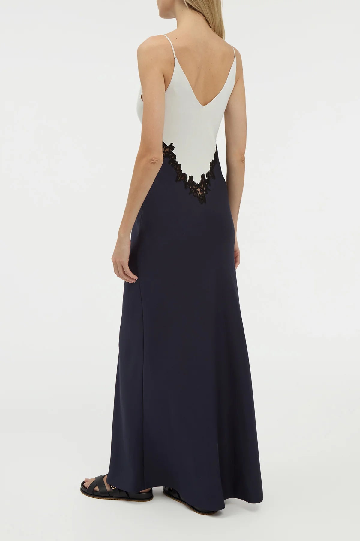 Amaryllis Lace Maxi Dress in Dark Navy Silk Wool Cady