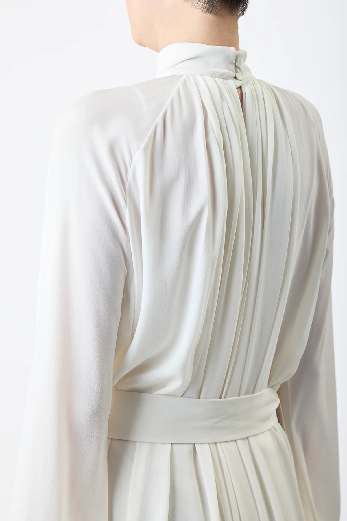 Cedric Pleated Maxi Dress in Ivory Silk Georgette Twill