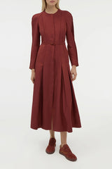 Niles Pleated Maxi Shirtdress in Burnt Sienna Linen Silk