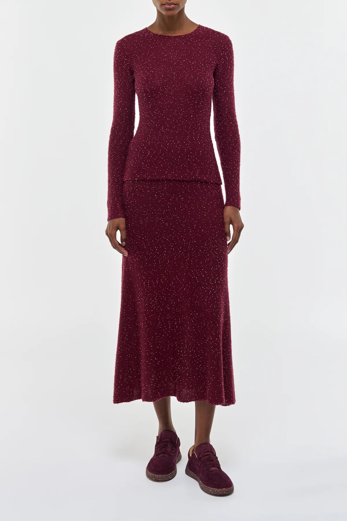 Sabine Knit Midi Skirt in Bordeaux Beaded Cashmere Silk