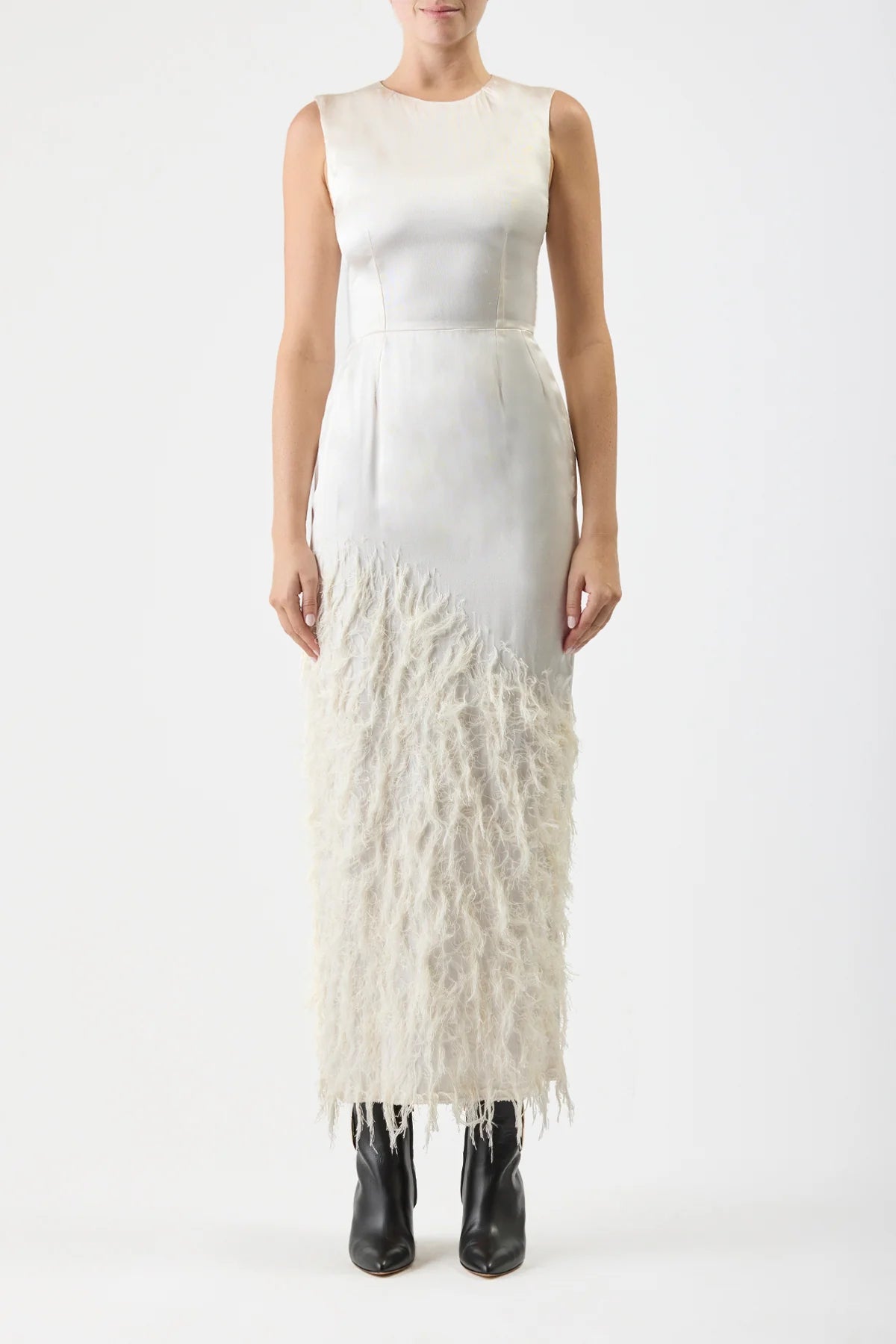 Maslow Feather Maxi Dress in Ivory Silk Satin