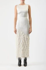 Maslow Feather Maxi Dress in Ivory Silk Satin
