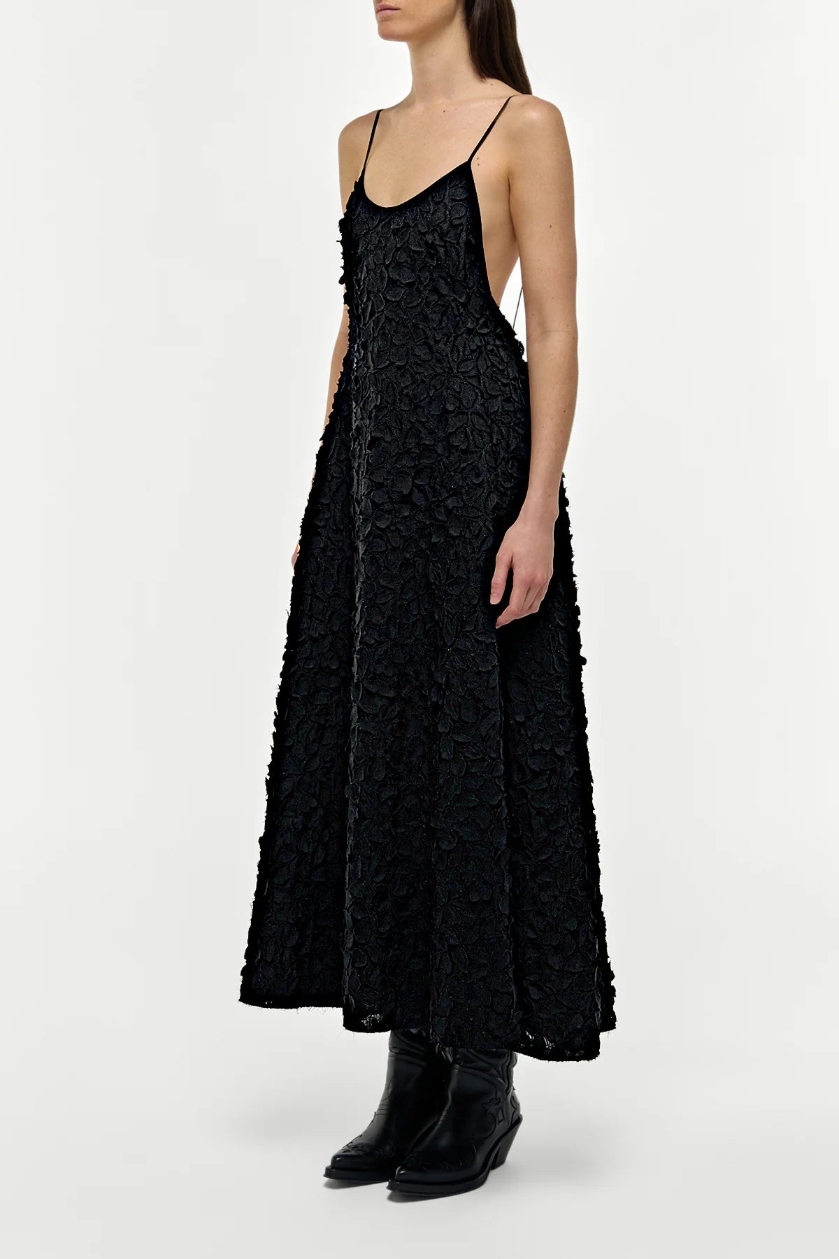 Nexus Embroidered Leaves Maxi Dress in Black Linen