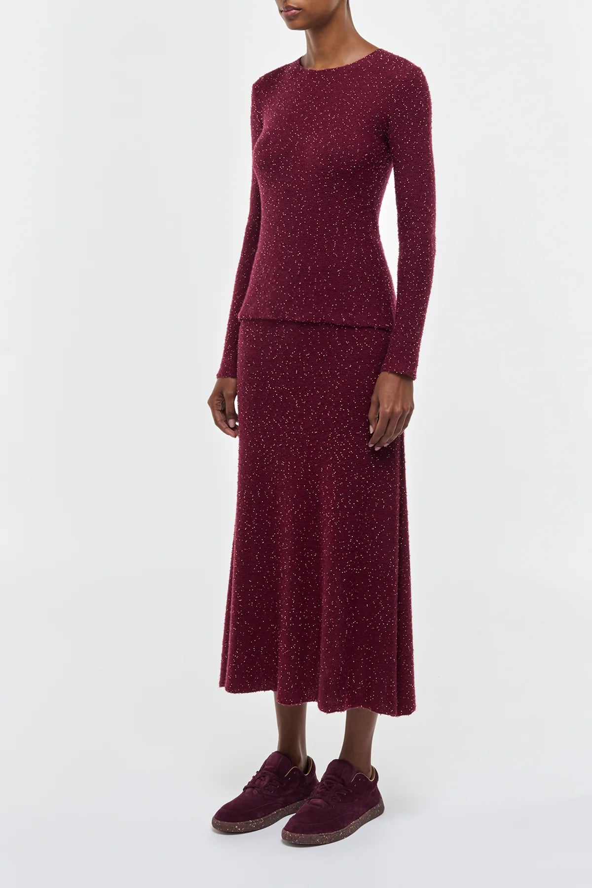 Sabine Knit Midi Skirt in Bordeaux Beaded Cashmere Silk